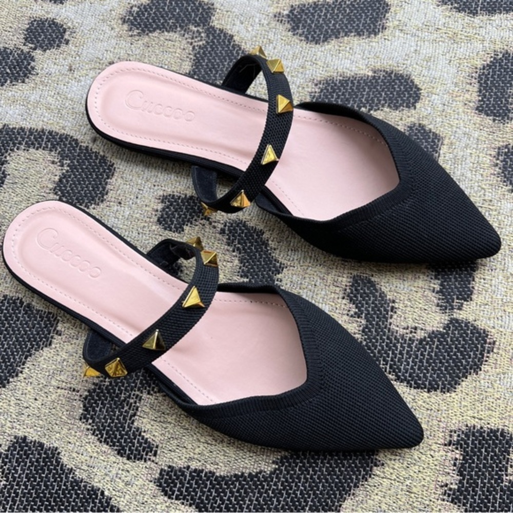 Black Gold Studded Pointy Toe Flats NWOT
